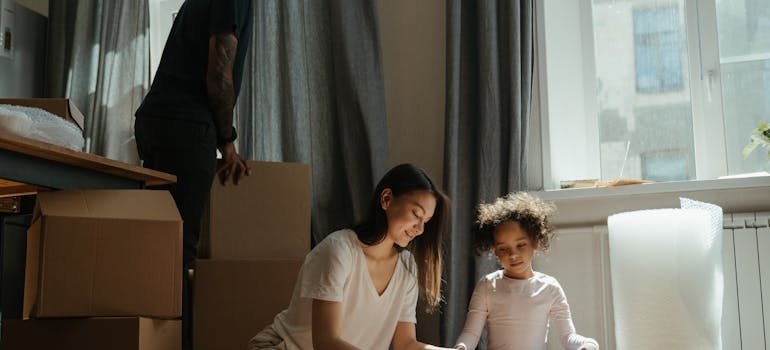 A family packing fragile items