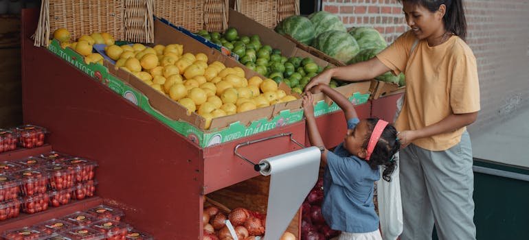 A mother and a daughter doing groceries