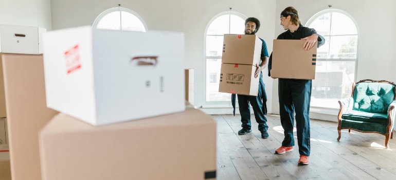 Professional movers carrying large cardboard boxes inside a bright room during a residential move.