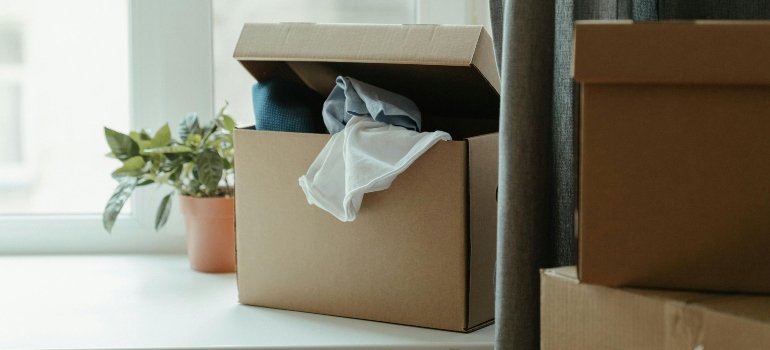 Partially open box with clothes spilling out on a windowsill, hinting at the hidden costs of moving house in San Antonio.