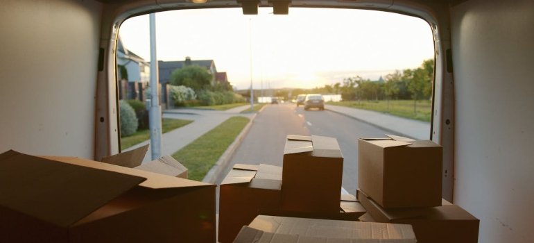 Boxes inside of a van 